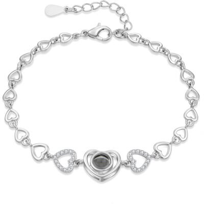 925 Sterling Silver Heart Bracelet Cubic Zirconia Silver Plated White Gold Adjustable