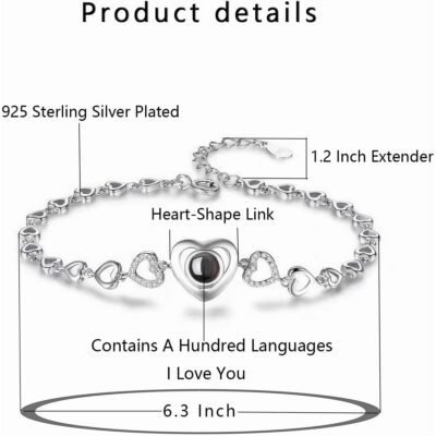 925 Sterling Silver Heart Bracelet Cubic Zirconia Silver Plated White Gold Adjustable