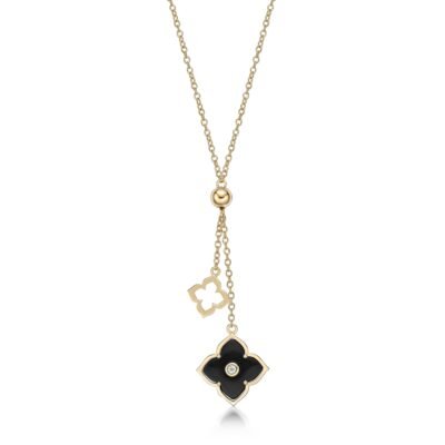 Black Onyx and Cubic Zirconia Double Flower Pendant Necklace in 925 Sterling Silver