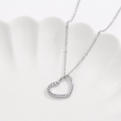 Fashion 925 Sterling Silver Simple Love Heart Pendant Necklace Zircon Adjustable