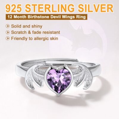 Sterling Silver February 925 Simulated Amythest Heart Birthstone Wing Rings