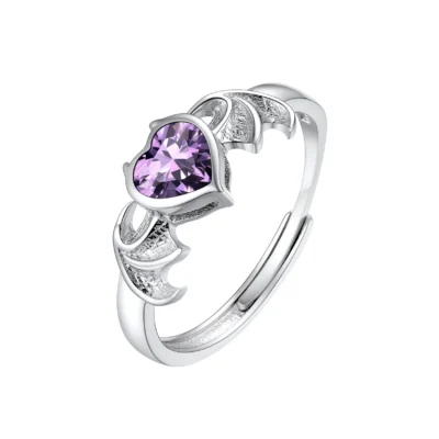 Sterling Silver February 925 Simulated Amythest Heart Birthstone Wing Rings